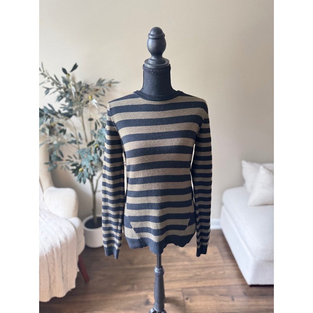 Jason Wu Black Olive Green Striped Knit Crewneck Sweater Small Pullover Long Slv